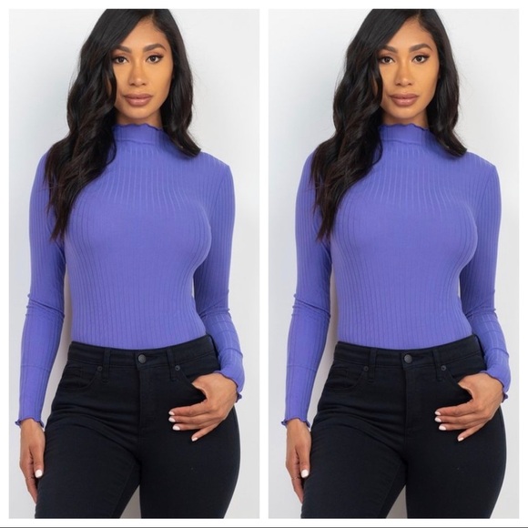 CHIVE BLOSSOM PURPLE RIBBED LONG SLEEVE MOCK NECK THONG BODYSUIT - Picture 1 of 6